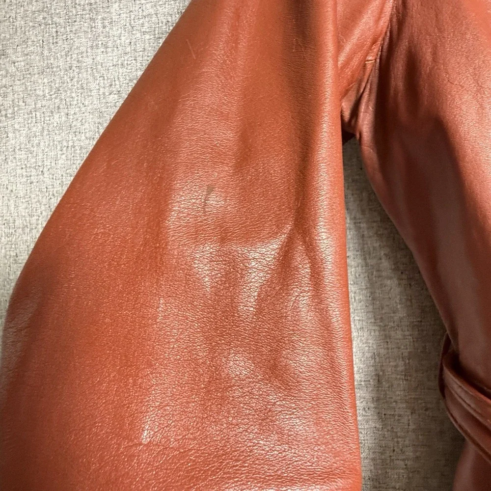 Vintage 70s Rust Brown Orange Leather Full Length Trench Coat Made Korea SMALL - Picture 12 of 16